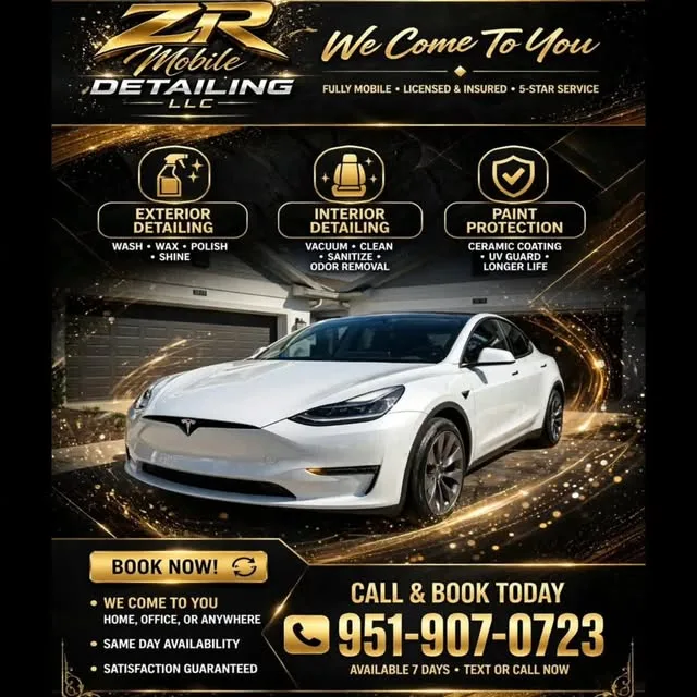 ZR Mobile Detailing services flyer with white Tesla